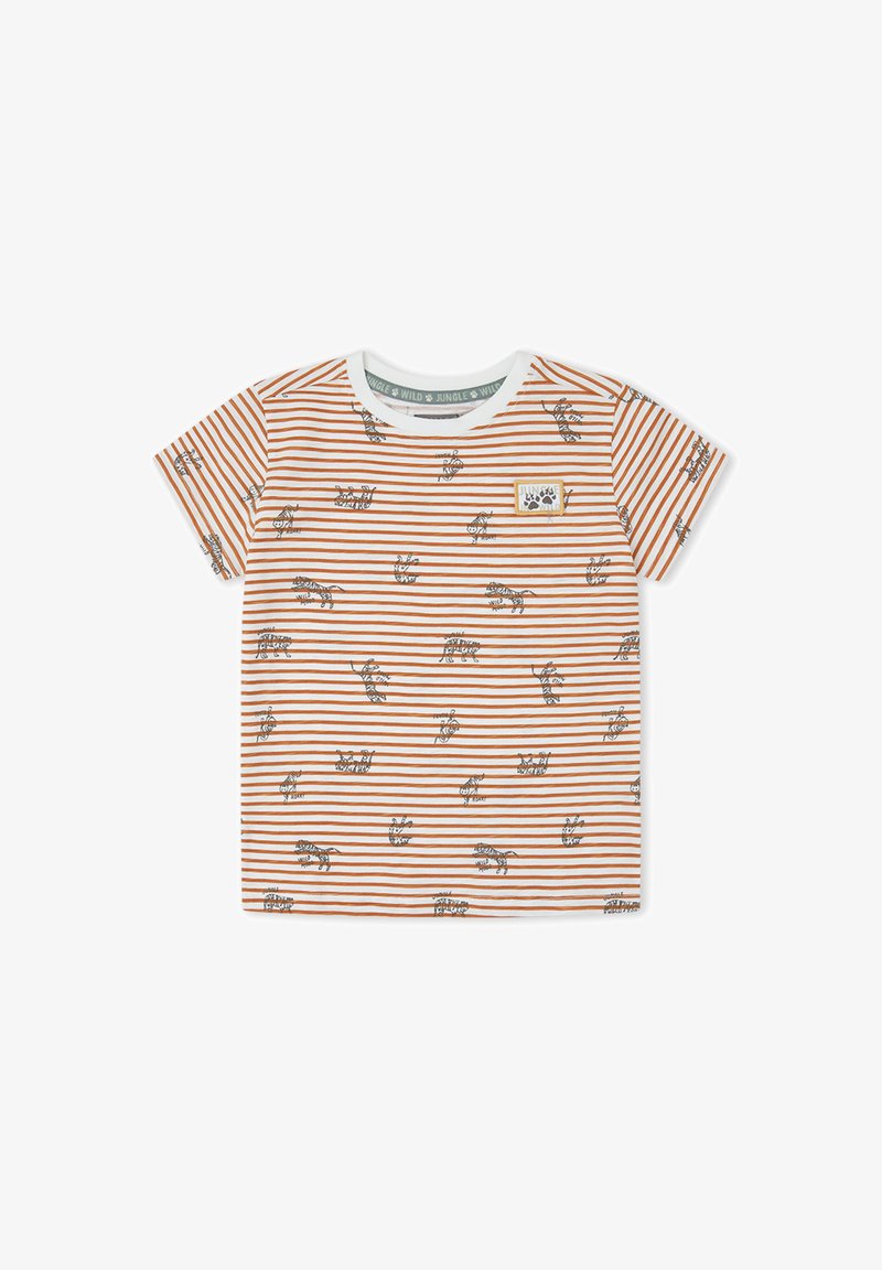 Camiseta de manga corta para niños, blanca con rayas marrones, con pequeñas ilustraciones de tigres negros y un parche etiquetado "Jungle Wild".