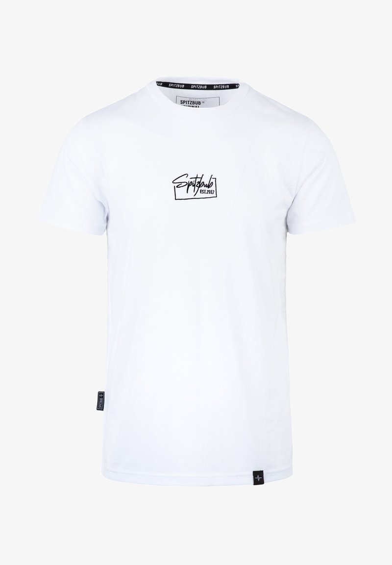 White cotton T-shirt with short sleeves, featuring a black embroidered logo on the chest and a small black tag at the hem.