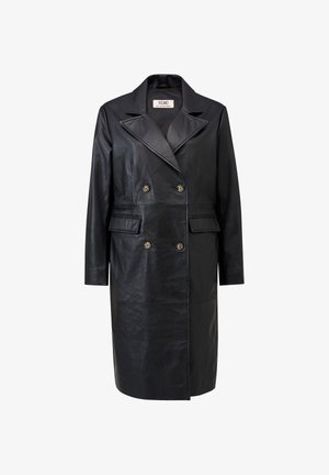 Sort dobbeltradet læderfrakke med brede klapper, fire knapper og to forlommer, mellemlang design.