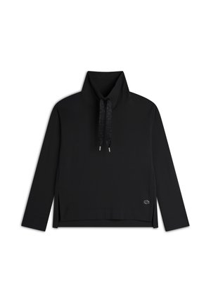 Haut noir à manches longues avec un col haut, présentant un cordon de serrage contrastant et des fentes sur les côtés. Texture lisse, design minimaliste.