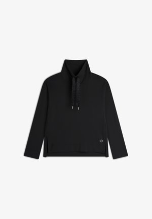 Haut noir à manches longues avec un col haut, présentant un cordon de serrage contrastant et des fentes sur les côtés. Texture lisse, design minimaliste.