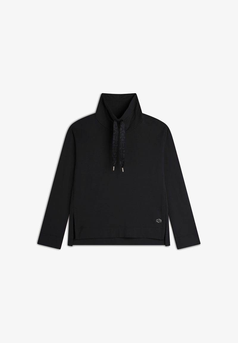 Maglietta nera a maniche lunghe con colletto alto, caratterizzata da un laccetto a contrasto e spacchi laterali. Texture liscia, design minimalista.