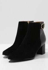 Botas de tobillo negras de ante con un panel de cuero suave, tacón cuadrado y un acento de hebilla dorada en el lateral. Diseño de punta afilada.