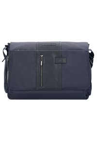 Borsa a messaggero navy realizzata in tessuto testurizzato, con accenti in cuoio liscio a contrasto, una tasca frontale con zip e una tracolla regolabile.