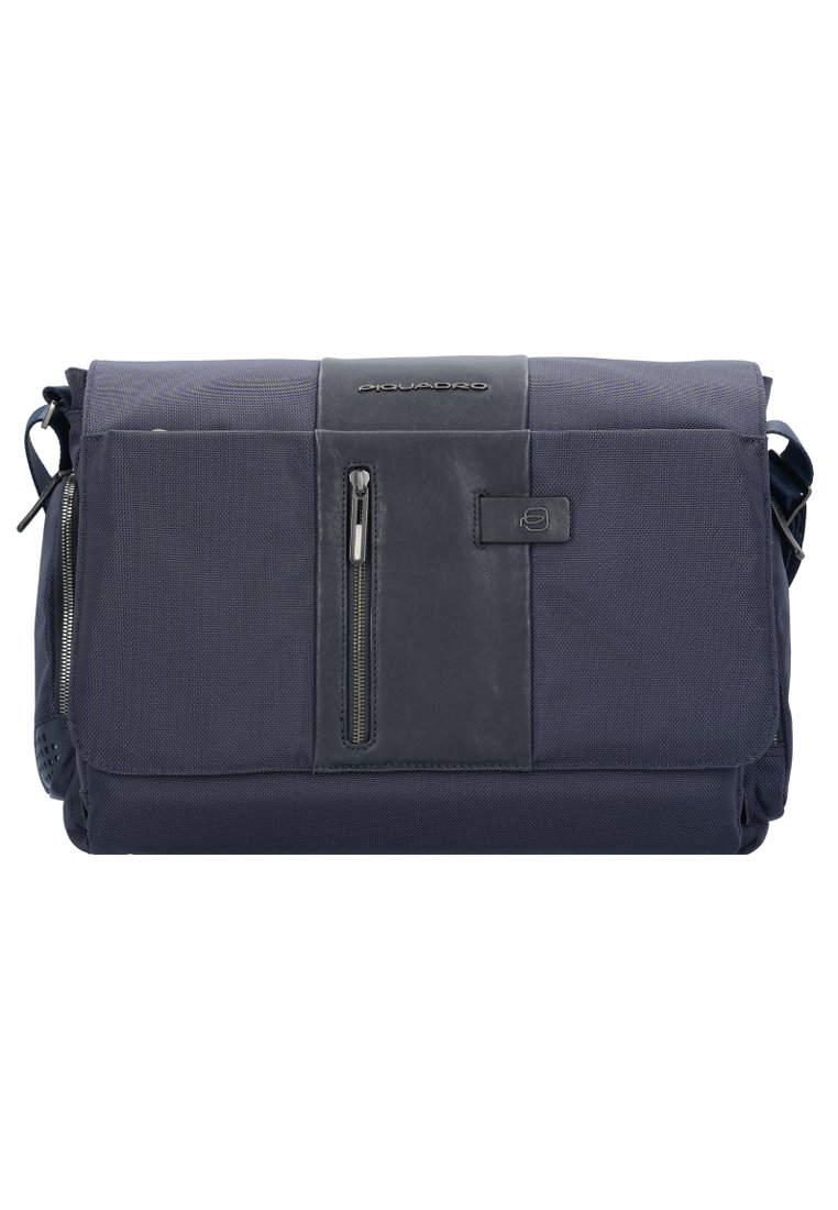 Borsa a messaggero navy realizzata in tessuto testurizzato, con accenti in cuoio liscio a contrasto, una tasca frontale con zip e una tracolla regolabile.