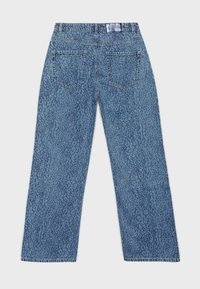 Blaue Jeans aus Denim mit dezentem Leopardenmuster, gerader Beinschnitt, zwei Gesäßtaschen und Gürtelschlaufen am Bund.