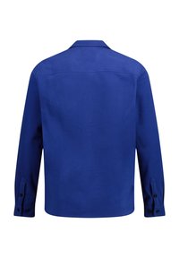 Blauw geweven shirt met lange mouwen, achterkant gezien. Heeft knoopmanchetten en een rechte zoom, gemaakt van een gladde stof met een matte afwerking.