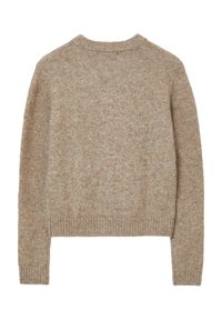 Beige gestrickter Pullover mit Rundhalsausschnitt, langen Ärmeln und geripptem Saum. Weiche Textur mit einem dezenten Melange-Muster.
