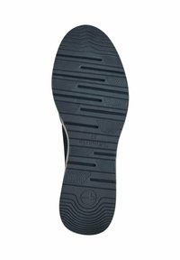 Suola di scarpa in gomma nera con texture rigata, caratterizzata da linee orizzontali e verticali per la presa. Include un'impronta circolare del logo e il nome del marchio.