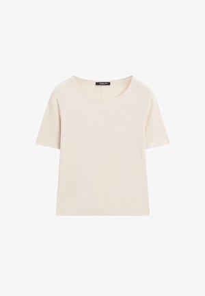 Kurzarm-T-Shirt mit Rundhalsausschnitt in hellbeige, aus einem weichen, atmungsaktiven Stoff hergestellt. Verfügt über ein minimalistisches Design und dezente Nahtdetails.