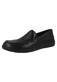 Black leather slip-on shoes with a smooth upper, stitched detailing along the edge, and a flexible rubber sole for comfort.