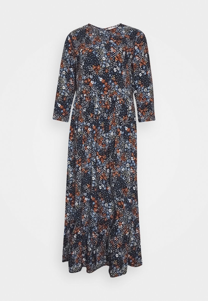 Robe maxi à manches longues, col rond, avec un motif floral multicolore en tons bleu marine, rouille, blanc et bleu clair.