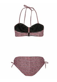Bikinijski set s prugicama koji se sastoji od halter stila gornjeg dijela s crnim i višebojnim prugama, te donjeg dijela s podesivim bočnim vezicama.