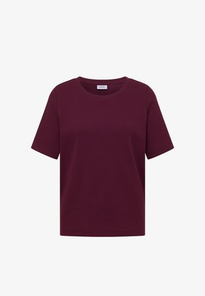 Koszulka z krótkim rękawem, prążkowanym okrągłym dekoltem w ciemnym bordowym kolorze, w regularnym kroju, z metką marki CECIL przy dekolcie.