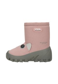 Stivaletto alla caviglia in tessuto rosa con suola in gomma grigia. Caratterizzato da punta arrotondata, dettagli circolari e cuciture decorative. Design leggero e isolante.