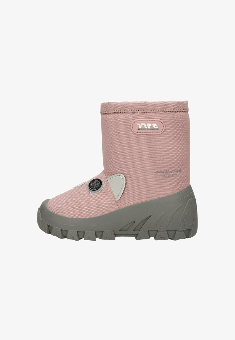 Stivaletto alla caviglia in tessuto rosa con suola in gomma grigia. Caratterizzato da punta arrotondata, dettagli circolari e cuciture decorative. Design leggero e isolante.