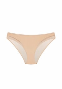 Beige Damen-Bikini-Unterwäsche mit durchsichtigen Mesh-Einsätzen an den Seiten, nahtlosen Kanten und glatter Stoffoberfläche.