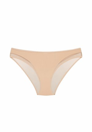 Beige Damen-Bikini-Unterwäsche mit durchsichtigen Mesh-Einsätzen an den Seiten, nahtlosen Kanten und glatter Stoffoberfläche.
