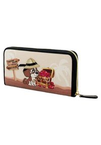 Reißverschlussbörse mit einem Cartoonhund neben einer Schatztruhe auf einem beige Hintergrund mit schwarzem Rahmen und goldener Hardware.