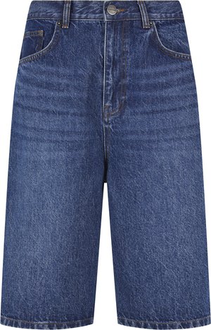 Shorts di denim blu scuro con una texture sbiadita, caratterizzati da un classico design a cinque tasche e una chiusura con bottone in metallo in vita.