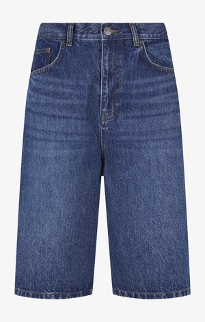 Denim kratke hlače v temno modri barvi z zbledelim videzom, s standardnim petim žepnim dizajnom in s kovinsko zaponko na pasu.