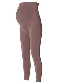 Materniteit leggings van een zachte, rekbare stof. Kenmerkt zich door een hoge, gladde tailleband en een aansluitend pootontwerp in een gedempte bruine kleur.