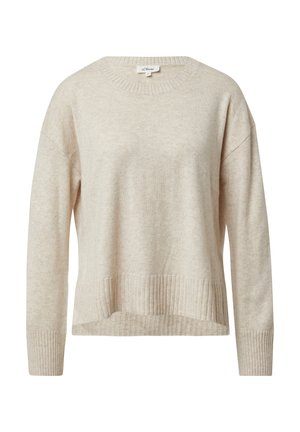 Pull en maille beige avec un col rond, des poignets côtelés et un ourlet légèrement court avec une finition texturée.