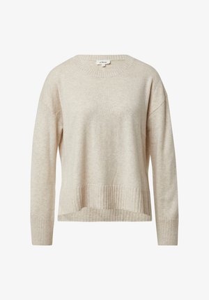 Pull en maille beige avec un col rond, des poignets côtelés et un ourlet légèrement court avec une finition texturée.
