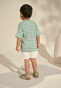 Roheline triibuline T-särk, valged lühikesed püksid ja rohelised sandaalid. Puuvillane materjal, millel on lõdvestunud lõige. Ümaräär ja lame sandaalid korkpadjaga.