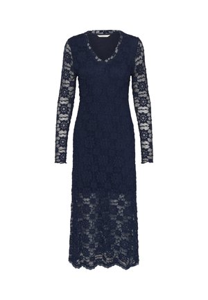 Námornícky čipkový šaty s výstrihom do V a dlhými rukávmi, s kvetinovým vzorom a polpriesvitnou textúrou, s dĺžkou po polovicu lýtok.
