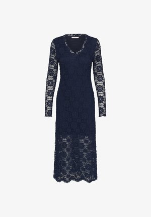 Marinefarbene Spitzenkleid mit V-Ausschnitt und langen Ärmeln, das ein florales Muster und eine semi-transparente Textur aufweist und bis zur Mitte der Waden reicht.