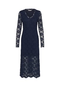 Marineblauwe kanten jurk met een V-hals en lange mouwen, voorzien van een bloemenpatroon en een semi-doorzichtige textuur, die tot halverwege de kuit valt.