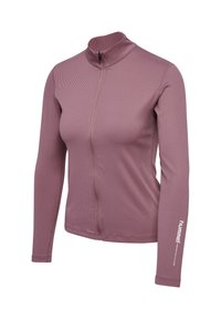 Langärmlige, gesteppte Jacke in Mauve, aus geripptem Stoff. Merkmale einen hohen Kragen und einen Logo-Akzent am Ärmel. Dehnbarer Textur.