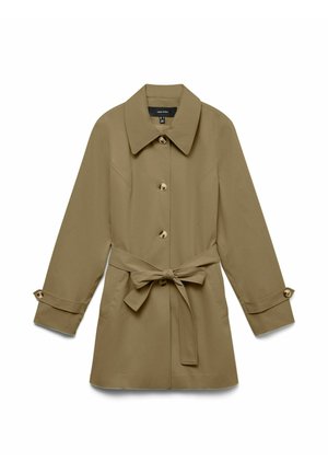 Šviesiai rudas kelių ilgio tranšėjos paltas su apykakle, sagų užsegimu, diržu liemeniai ir sagomis prisegtais rankovių dirželiais.