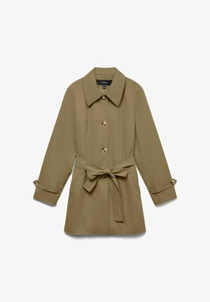 Šviesiai rudas kelių ilgio tranšėjos paltas su apykakle, sagų užsegimu, diržu liemeniai ir sagomis prisegtais rankovių dirželiais.