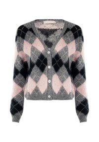 Graue, rosa und schwarze Argyle gemusterte Strickjacke aus weichem, flauschigem Material mit V-Ausschnitt, langen Ärmeln und fünf weißen Knöpfen.