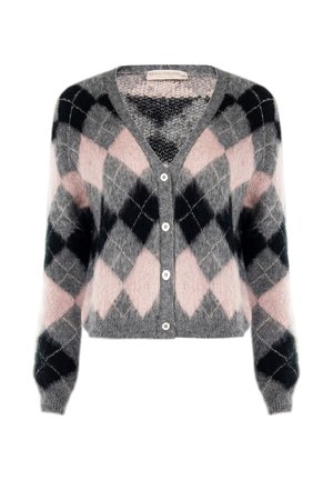 Gray, pink, and black argyle-patterned cardigan made of soft, fluffy material with a V-neck, long sleeves, and five white buttons.