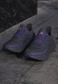 Par sorte og lilla Adidas løbesko med Gore-Tex og LightBoost teknologi placeret på en grå stengulv.