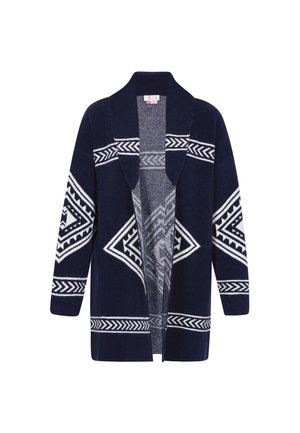 Marinefarbener Cardigan mit weißen geometrischen Mustern, offener Front, langen Ärmeln und weicher Stofftextur. Mit einem Schalkragen-Design.
