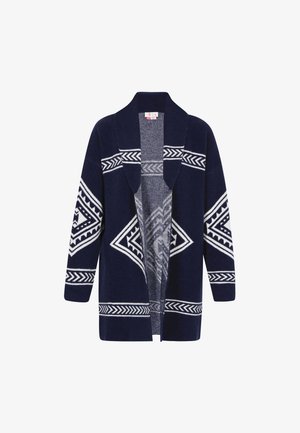 Marinefarbener Cardigan mit weißen geometrischen Mustern, offener Front, langen Ärmeln und weicher Stofftextur. Mit einem Schalkragen-Design.