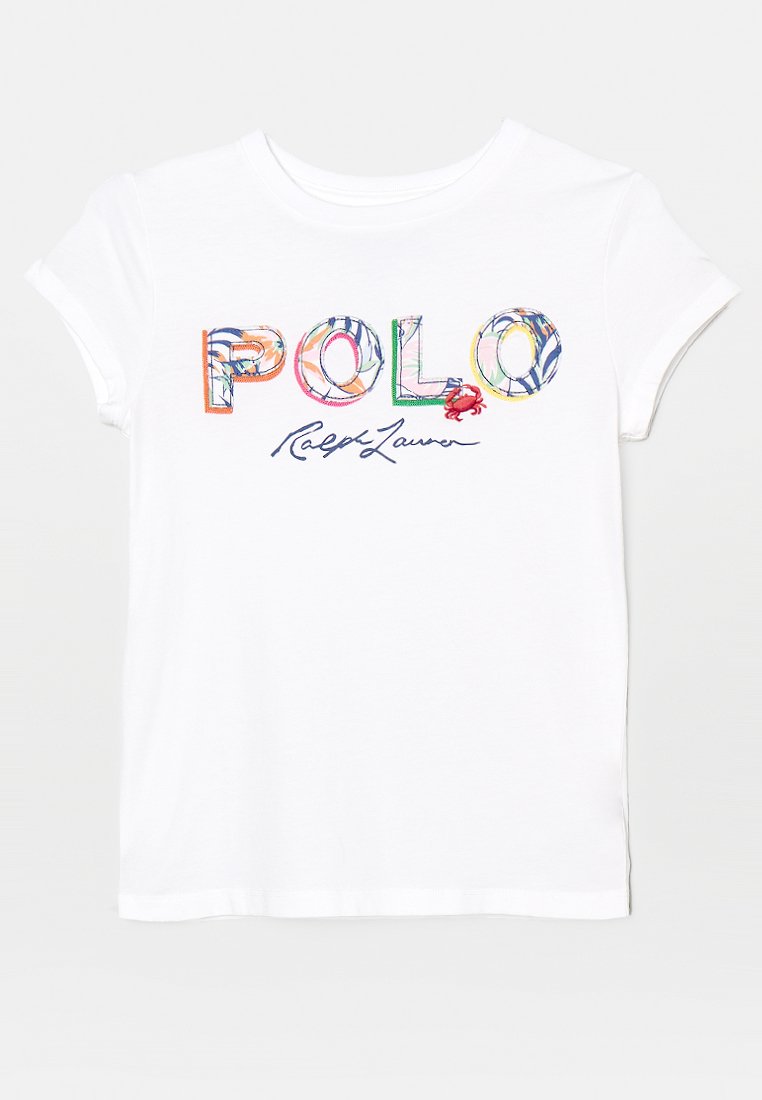 T-shirt in cotone bianco con grafica colorata "POLO" e firma "Ralph Lauren". Maniche corte e design con scollo rotondo, texture liscia.