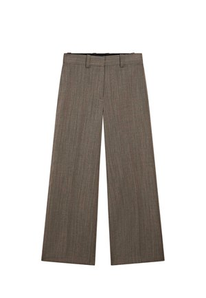 Pantaloni a gamba larga in un discreto motivo a scacchi marrone, caratterizzati da una texture liscia, un taglio dritto e una vita classica con passanti per la cintura.