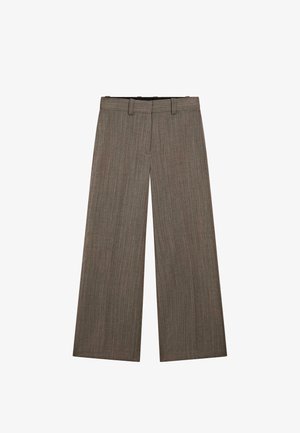 Wide-leg trousers in a muted brown houndstooth pattern, featuring a smooth texture, straight cut, and a classic waistband with belt loops.