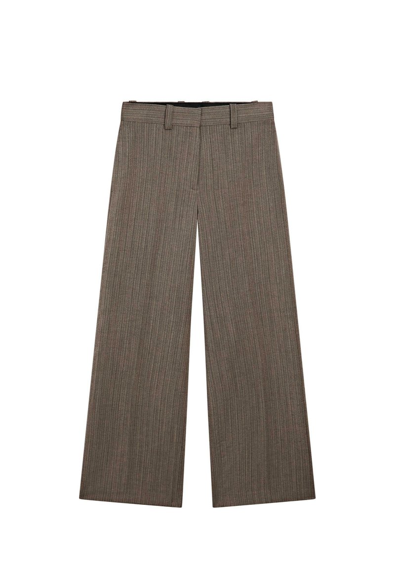 Brede pijpen broek in een gedempt bruine houndstooth-stijl, met een gladde textuur, rechte snit en een klassieke band met lussen voor een riem.