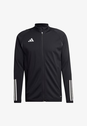 Black athletic jacket with a high collar, front zipper, and white three-stripe accent on sleeves. Made of smooth, stretchy fabric.