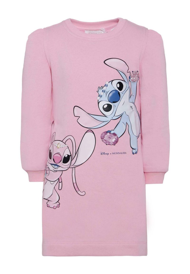 Rosa sweatshirtkjole laget av bomull med puffermer. Illustrasjoner av Stitch og Angel med edelstener gir dekorative detaljer.
