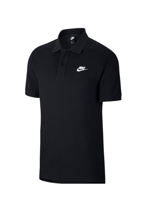 Polo Nike nera a maniche corte con colletto e patta con due bottoni, con logo Nike bianco sul petto a sinistra.
