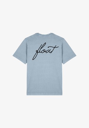 Light blue cotton t-shirt featuring a rounded neckline and short sleeves. Black cursive text "float" is printed on the back.