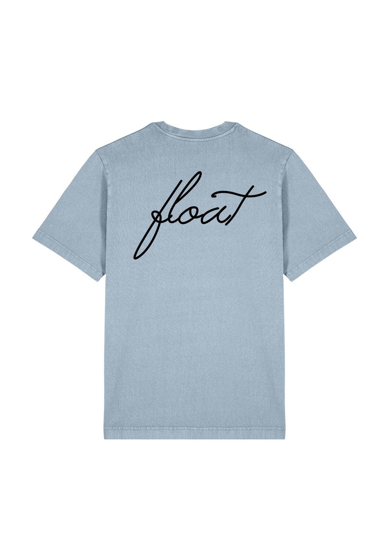T-shirt en coton bleu clair avec un col arrondi et des manches courtes. Texte en cursive noir "float" imprimé au dos.