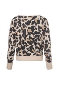 Leopard print sweater with beige, black, and brown colors. Soft, textured fabric, loose fit, and ribbed hem. Long sleeves with slight fraying.